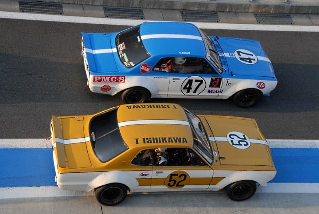 Two vintage Nissan Skyline KPGC10 racecars