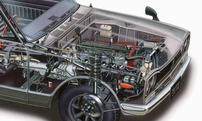 Cutaway drawing of a Nissan Skyline GT-R KPGC10 by Takashi Jufuku