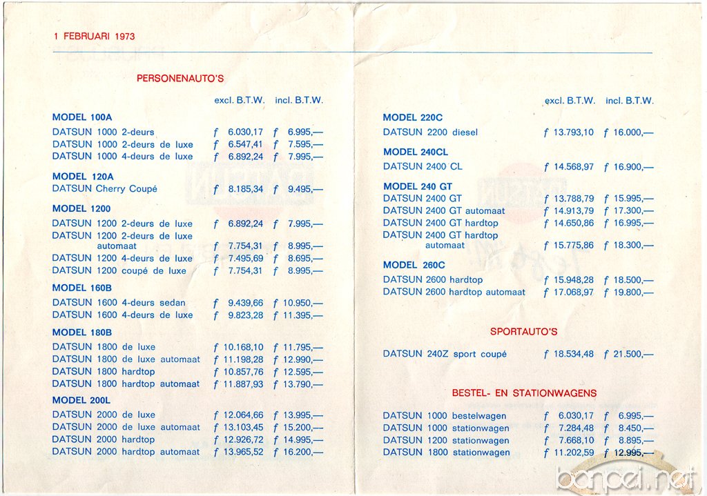Datsun pricelist from 1973