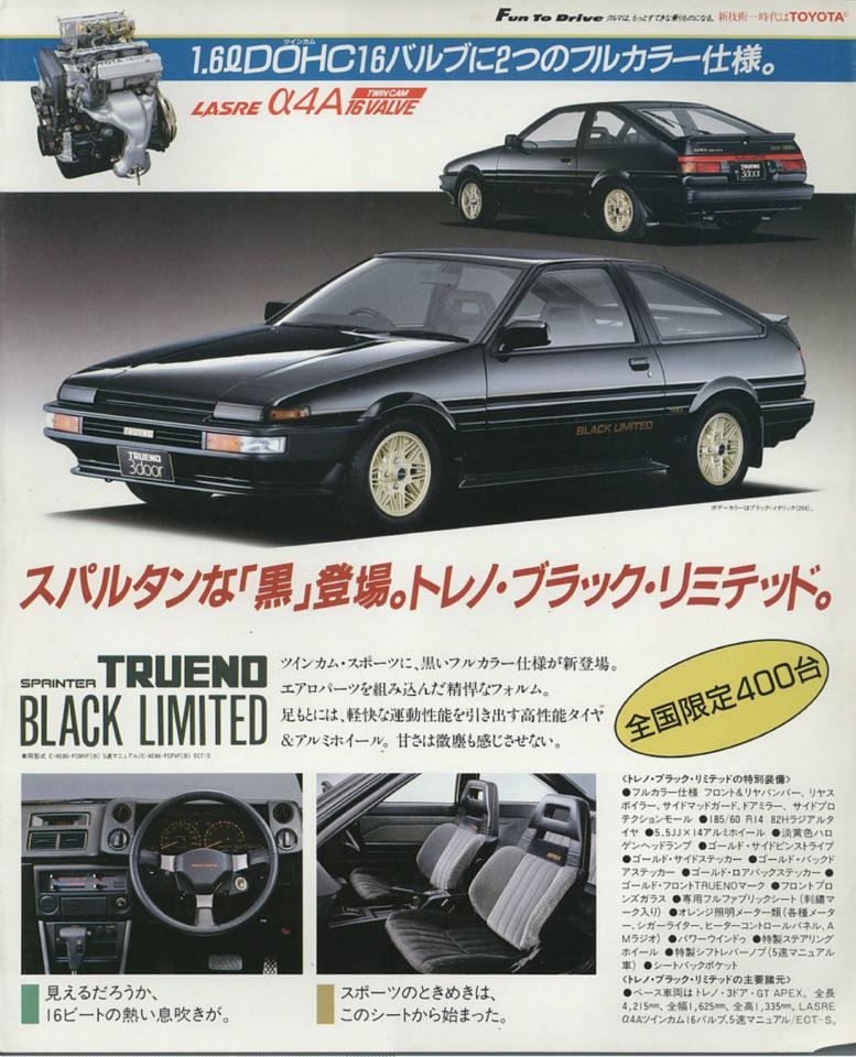 The Toyota Sprinter Trueno AE86 Black Limited featured the Sports Package by default