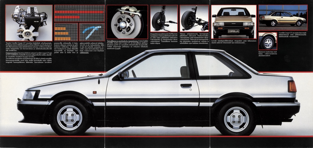 The Finnish pre-facelift / zenki Toyota Corolla AE86 only got a front spoiler and mud flaps