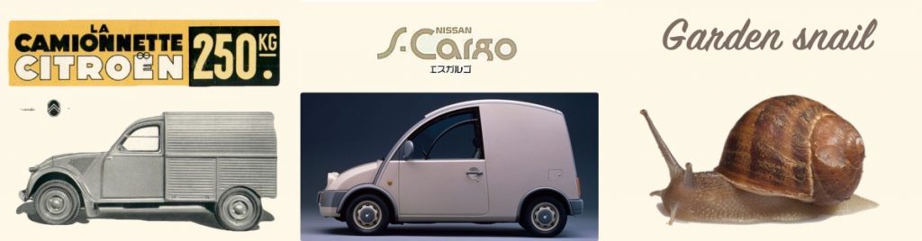 Nissan S-Cargo versus Citroën 2CV Camionette versus Garden Snail