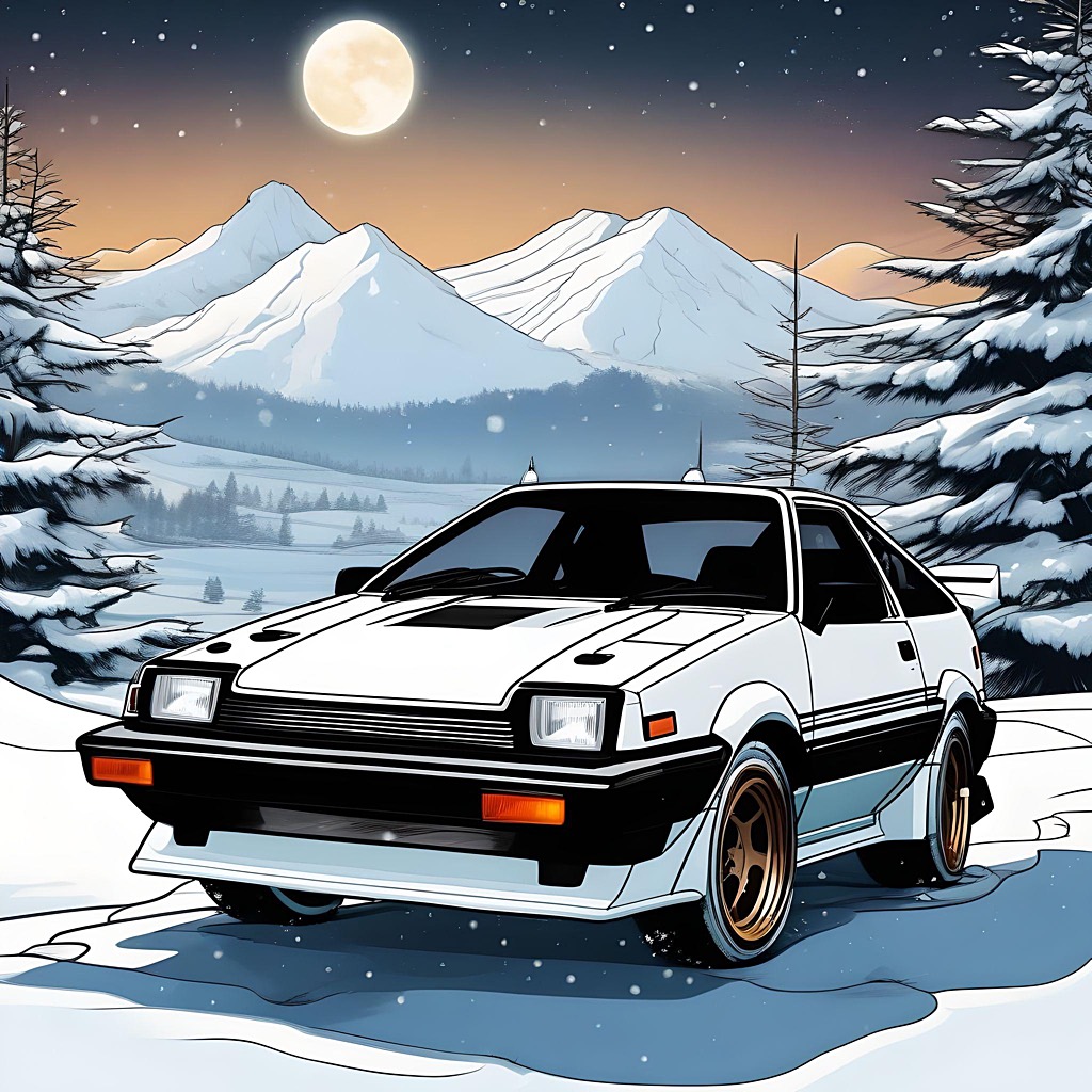Comic/cartoon White Toyota Trueno AE86 with popup headlights, Christmas trees and snowy landscape