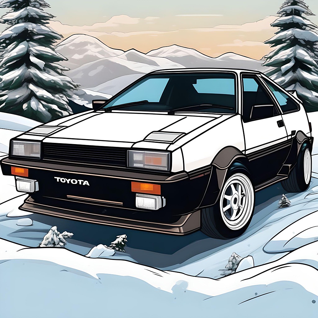 Comic/cartoon White Toyota Trueno AE86 with popup headlights, Christmas trees and snowy landscape