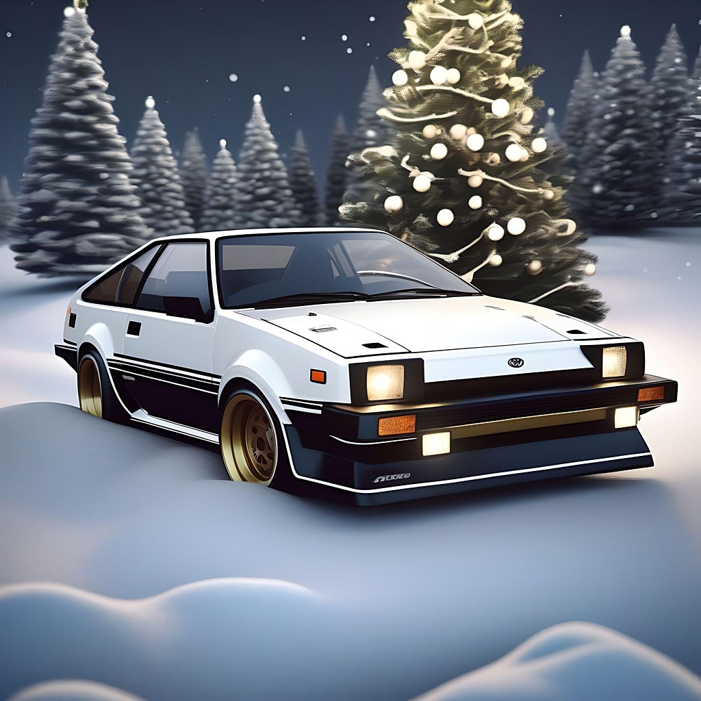 Photorealistic White Toyota Trueno AE86 with popup headlights, Christmas trees and snowy landscape