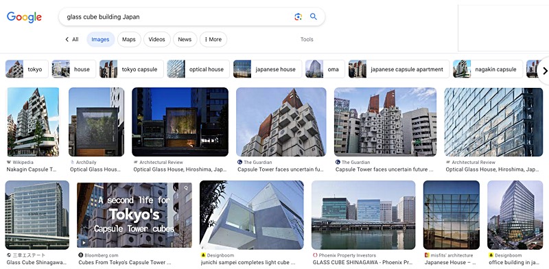 Searching for "glass cube buildings Japan" in Google doesn't give desired results