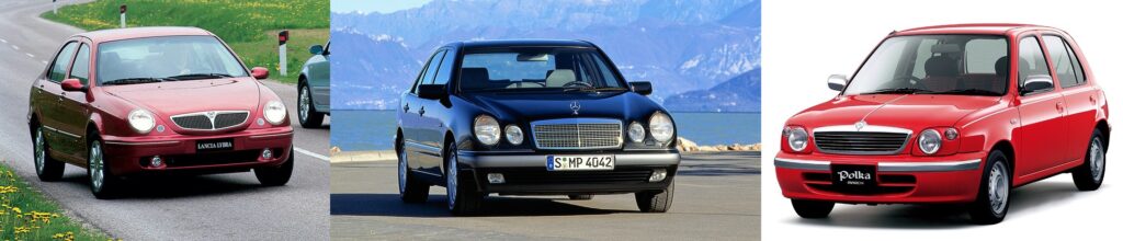 Comparison of the Nissan March Polka (right) grill versus Mercedes W210 (mid) and Lancia Lybra (left)