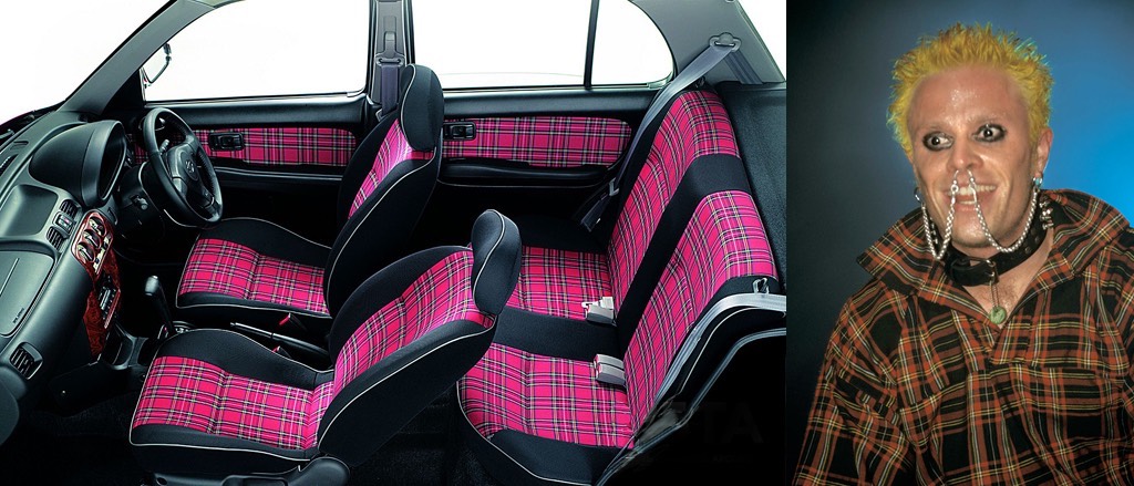 Fashionable 1990s March Polka tartan interior (left) versus Keith Flint (right)