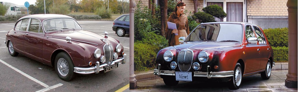 Jaguar Mark II (image credit: Wikipedia) on the left versus Mitsuoka Viewt on the right