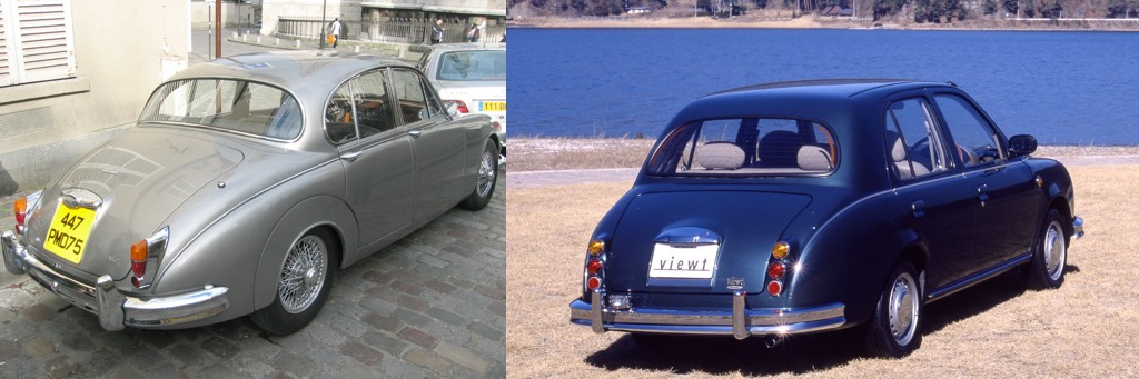 Jaguar Mark II (image credit: Wikipedia) on the left versus Mitsuoka Viewt on the right