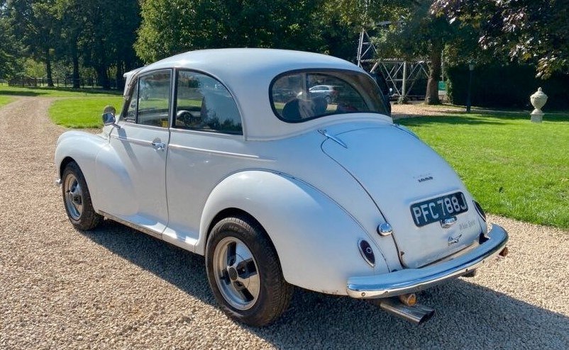 Rear view of the 1970 Morris Minor with some fancy exhaust tip!